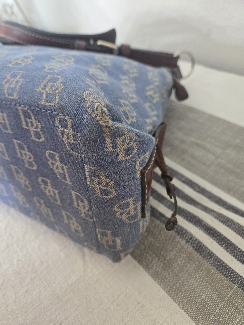 Dooney & Bourke Blue Denim Logo Hobo with Brown Trim, Medium East/West Slouch - Picture 11 of 17